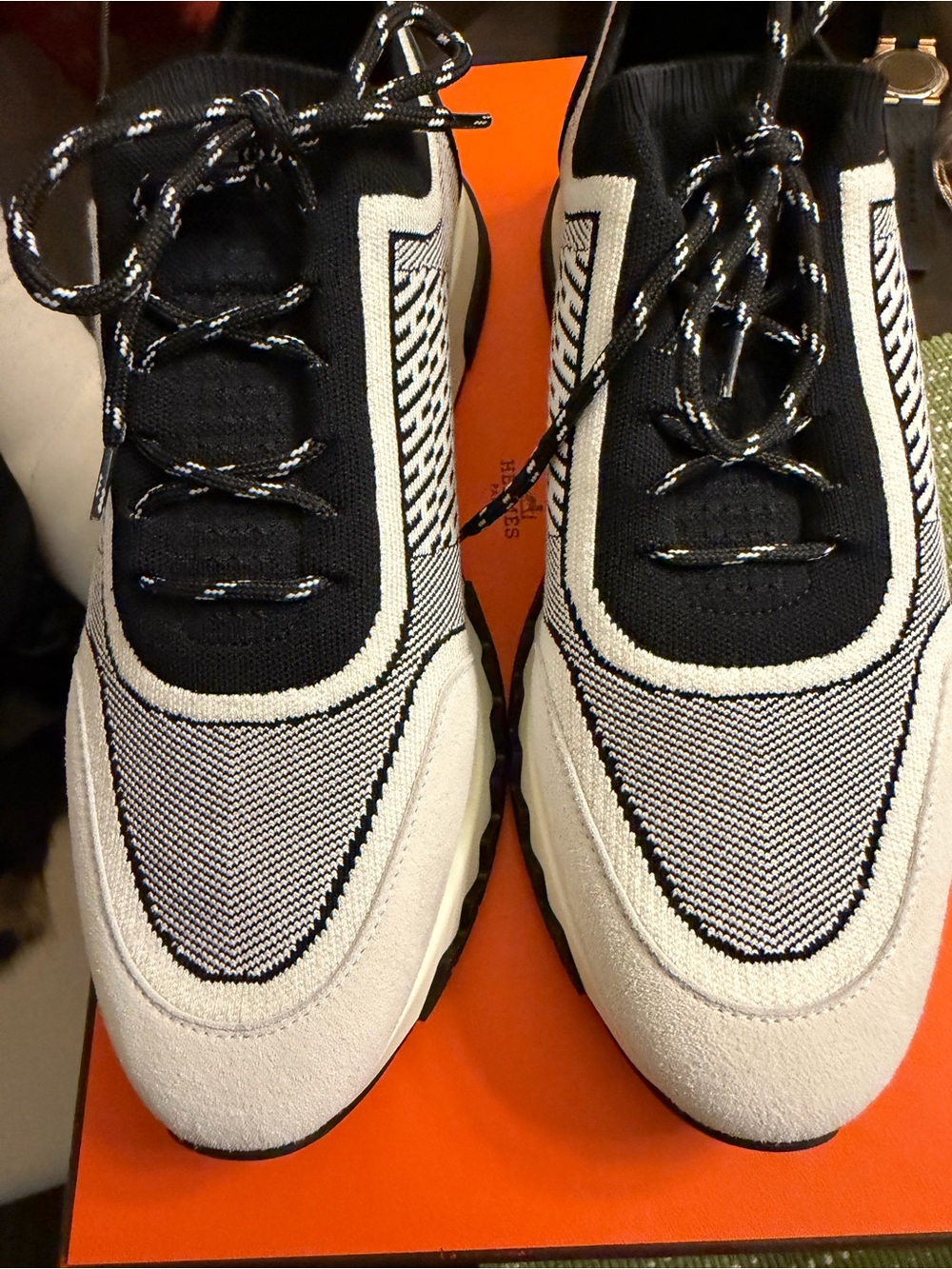 HERMES Black and White Knit Lace-Up Sneaker FEMME ADDICT